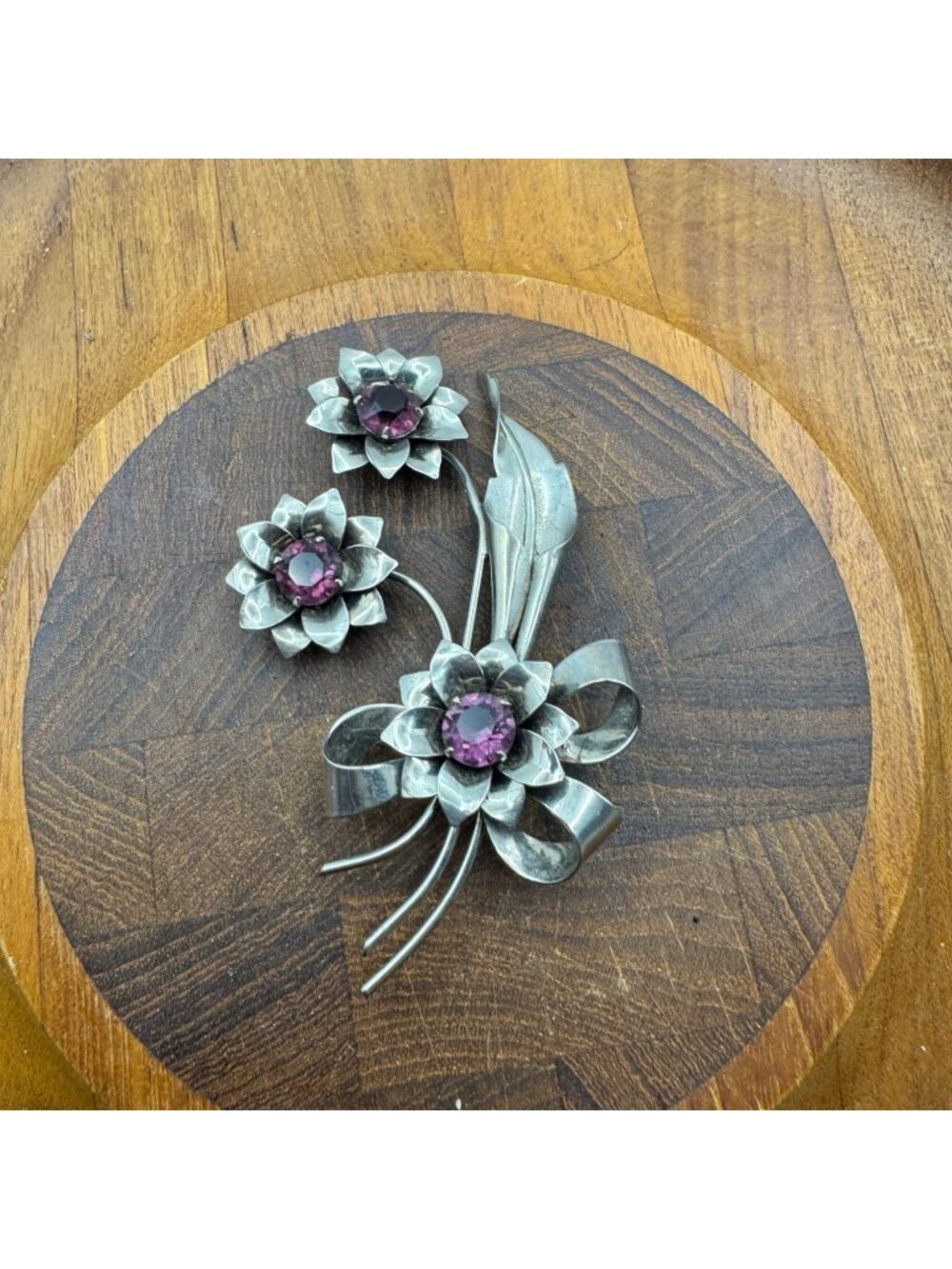Vintage Silver Tone Floral Brooch Purple Rhinestone Flower Bouquet Pin 3.5"